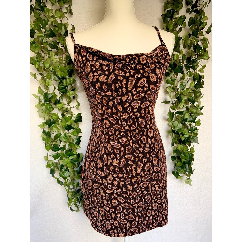 Forever 21 Black Rose Gold Cheetah Print Cowl Neck Strappy Mini Dress Small - Picture 8 of 9
